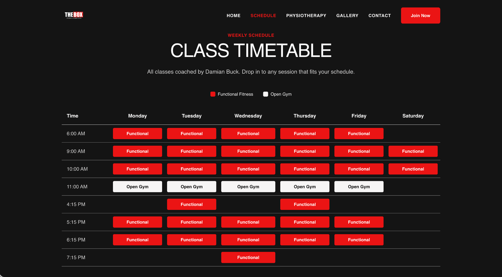 The Box gym website schedule page